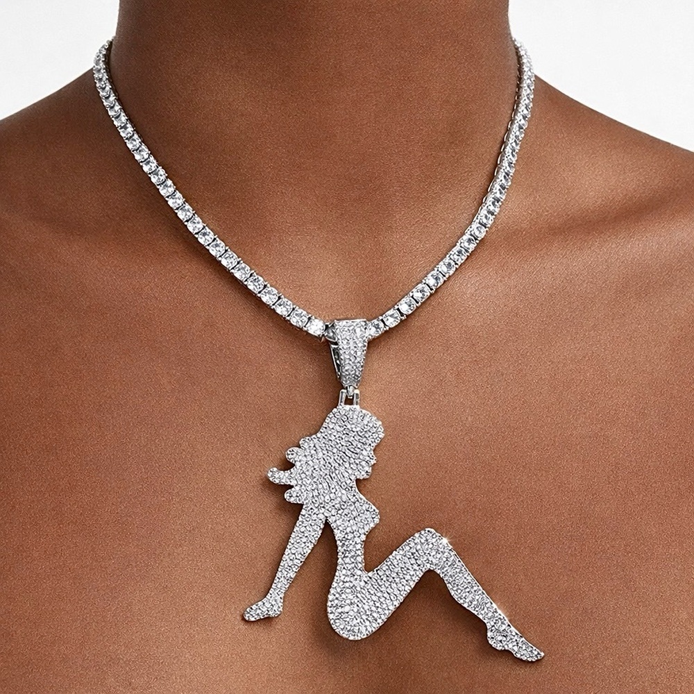 Silver dancer Girl Silhouette Pendant tennis Necklace - 16inch Women Jewelry